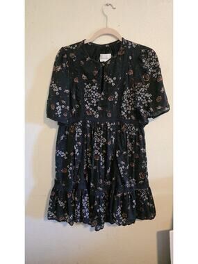 Anthropologie Women’s Floral Boho Peasant Dress Black Short Sleeve Tiered XS